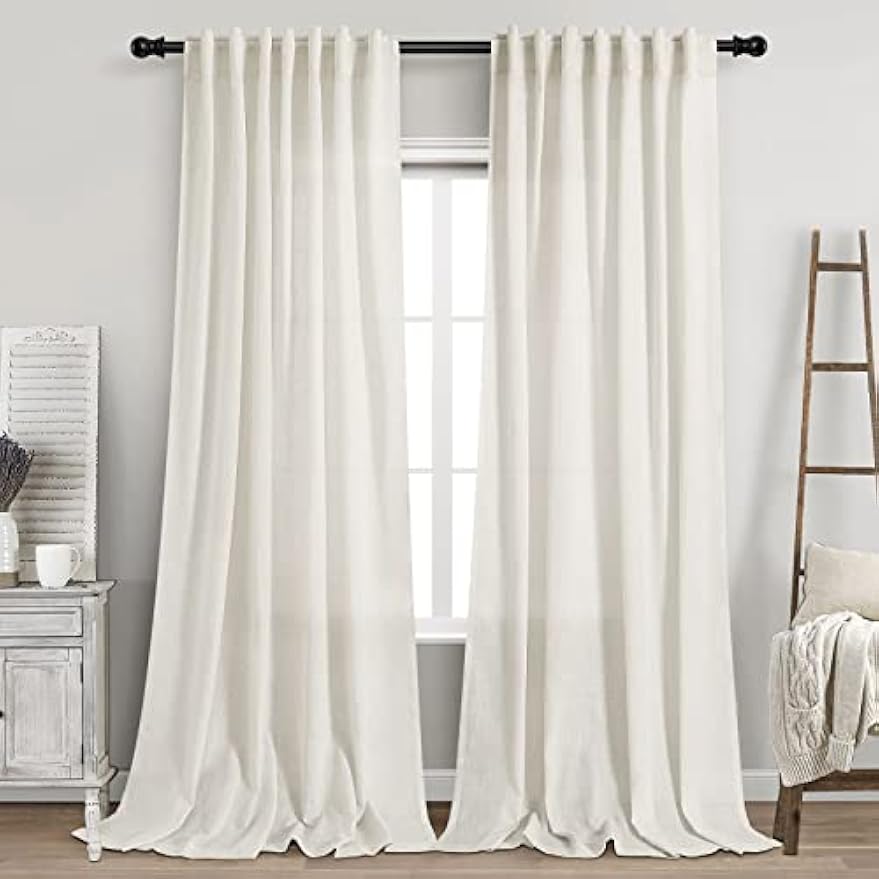 Extra Long Curtains 120 inch Length 2 Panels Back Tab Neutral Farmhouse Drapes Light Filtering Semi Sheer Linen Curtain 120 inches Long for Floor to Ceiling Window Patio Sliding Door Cream 10 FT