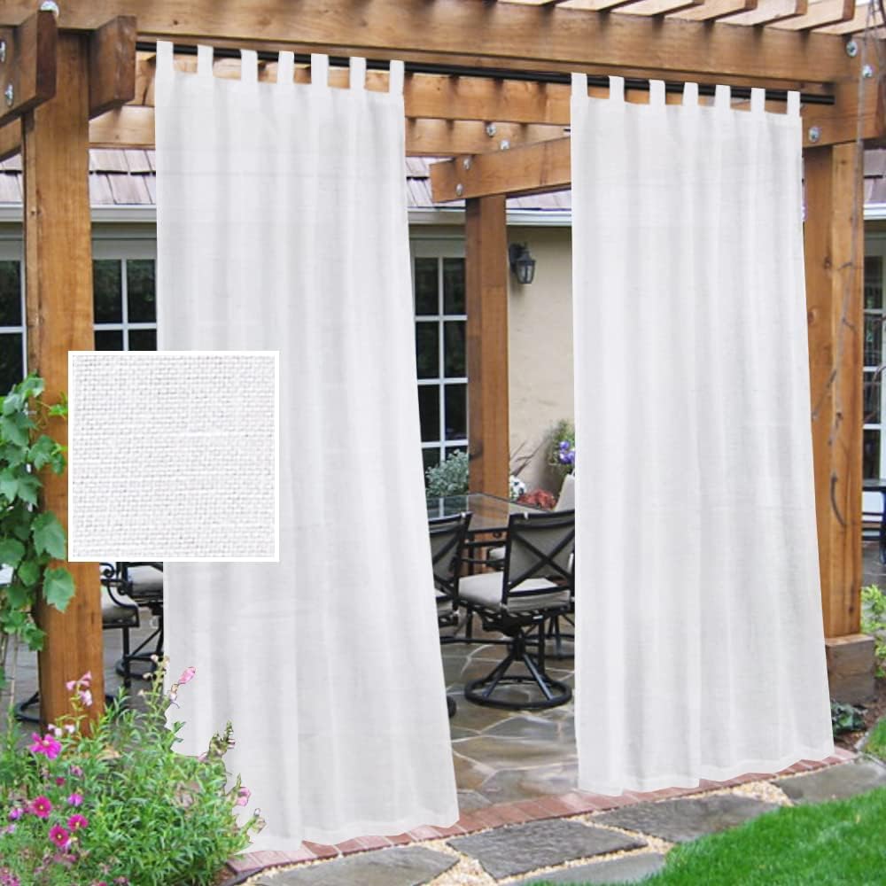 H.VERSAILTEX Outdoor Linen Sheer Curtains for Patio Waterproof - Outdoor Divider Privacy Added Light Filtering Porch Decor with Detachable Self-Stick Tab Top for Gazebo, Natural, 2 Pieces, W52 x L108