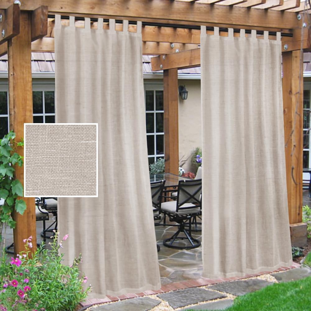 H.VERSAILTEX Outdoor Linen Sheer Curtains for Patio Waterproof - Outdoor Divider Privacy Added Light Filtering Porch Decor with Detachable Self-Stick Tab Top for Gazebo, Natural, 2 Pieces, W52 x L108