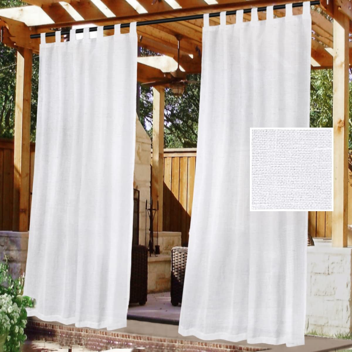 H.VERSAILTEX Outdoor Linen Sheer Curtains for Patio Waterproof - Outdoor Divider Privacy Added Light Filtering Porch Decor with Detachable Self-Stick Tab Top for Gazebo, Natural, 2 Pieces, W52 x L108