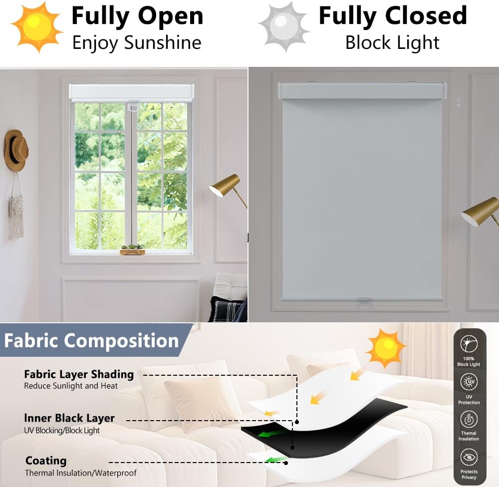 SHADEMOON Blackout Cordless Roller Shades for Windows,Free-Stop System Blind with Valance,Pull Down Room Darkening Indoor Shades,Thermal Insulated UV Blocking Fabric,Home Office(White,12" W x 72" H)