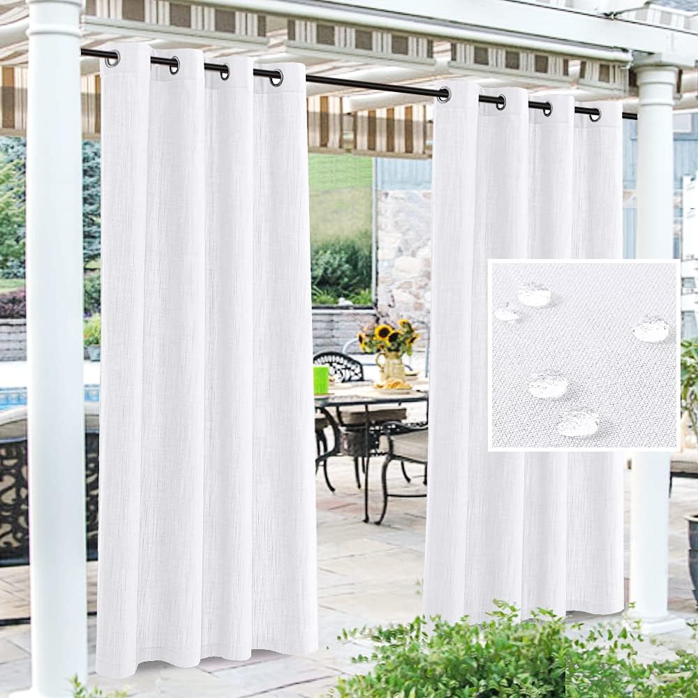H.VERSAILTEX Outdoor Linen Sheer Curtains for Patio Waterproof - Outdoor Divider Privacy Added Light Filtering Porch Decor with Detachable Self-Stick Tab Top for Gazebo, Natural, 2 Pieces, W52 x L108