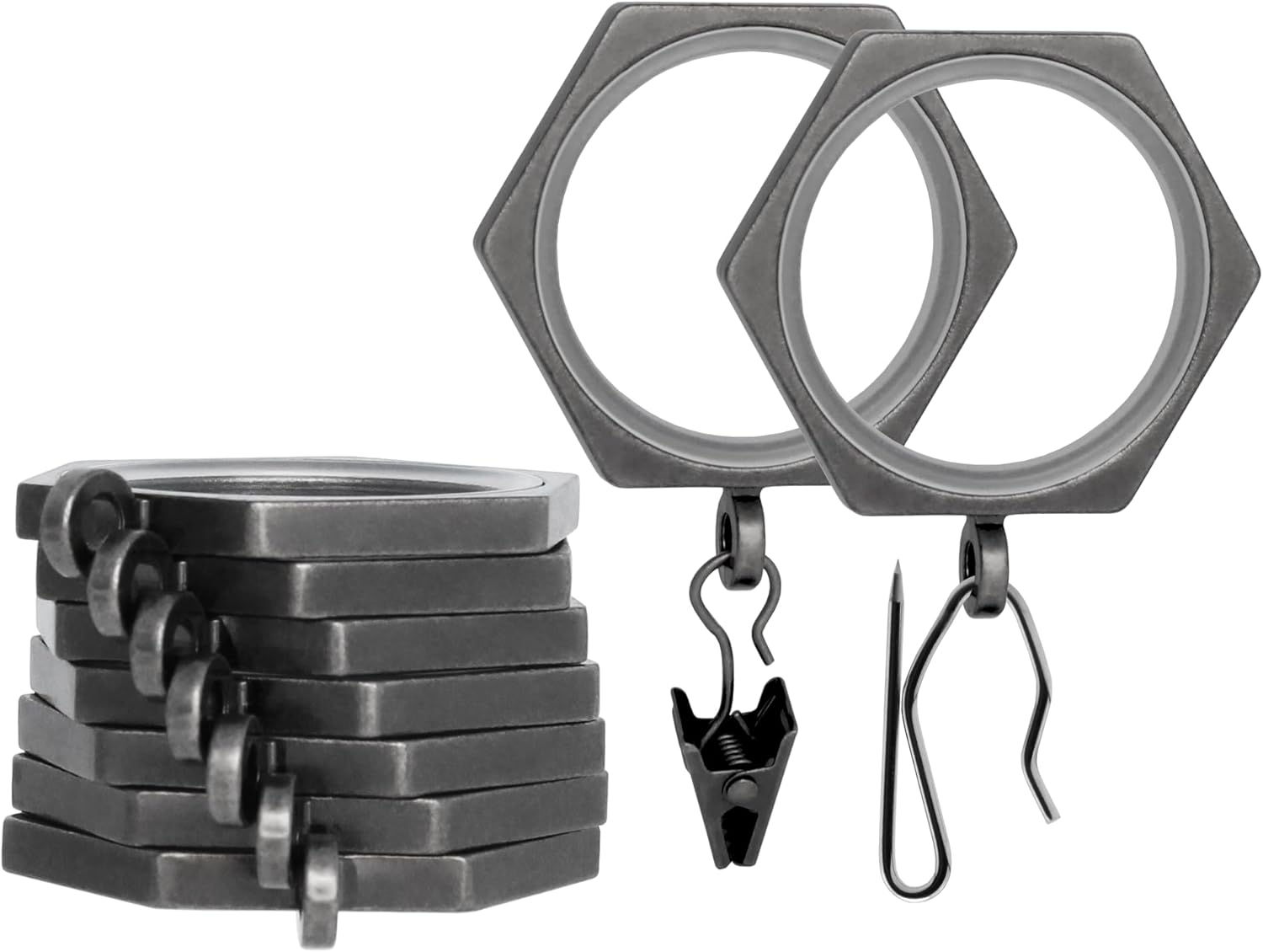 BlastHome® Luxury Curtain Rings – Premium Metal with Quiet, Smooth Nylon Inserts – Pinhooks and Clips Included – 1 1/2" Inside Diameter – 18 Rings for Two Standard Curtains– Brushed Nickel