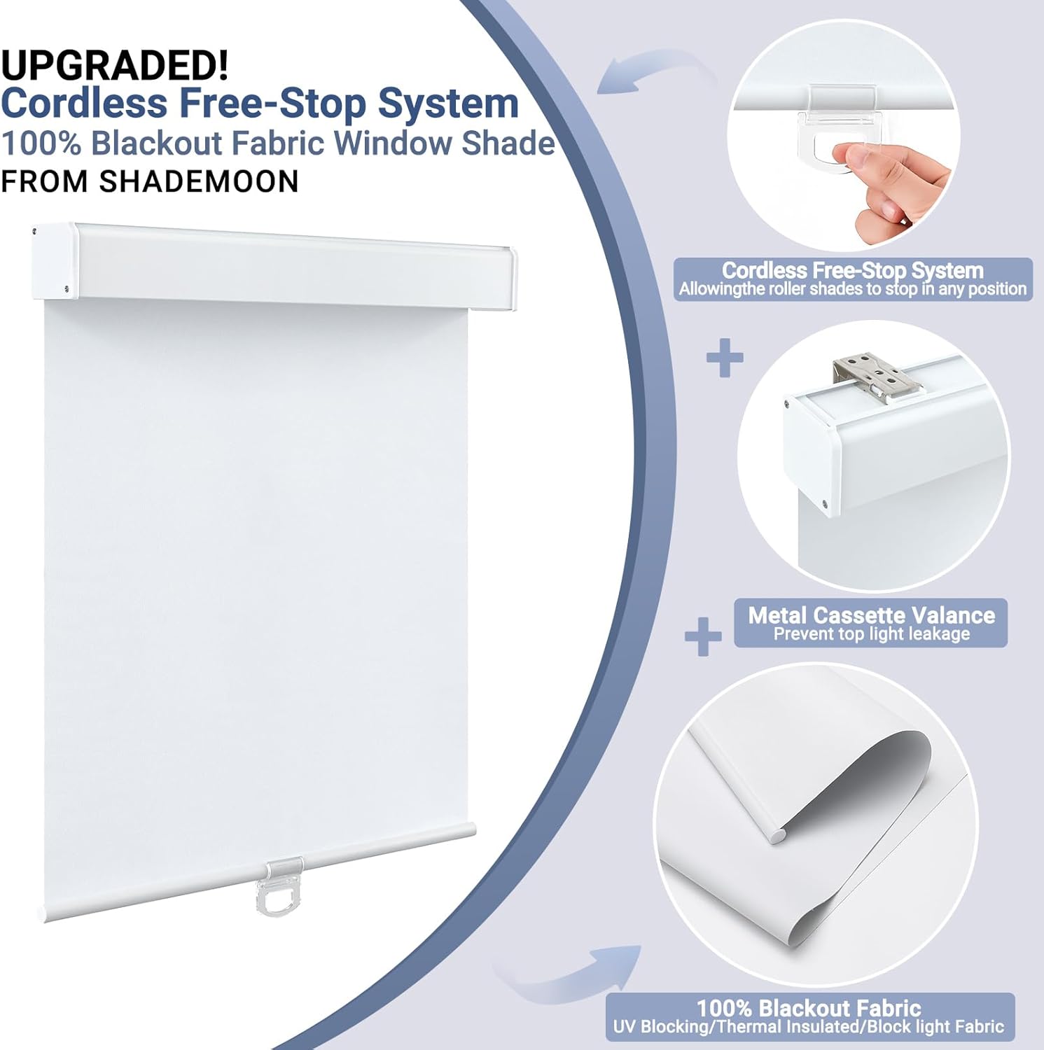 SHADEMOON Blackout Cordless Roller Shades for Windows,Free-Stop System Blind with Valance,Pull Down Room Darkening Indoor Shades,Thermal Insulated UV Blocking Fabric,Home Office(White,12" W x 72" H)