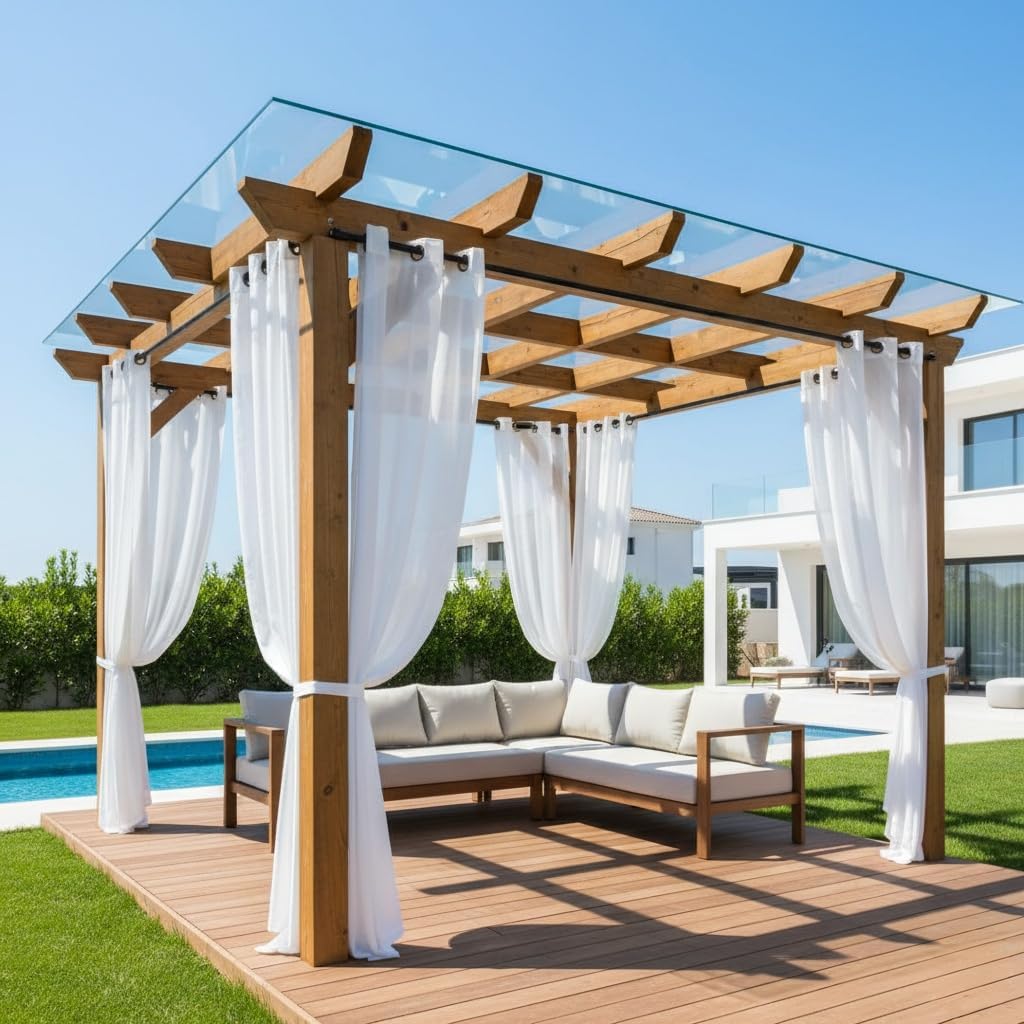 HolidayIdeas 4 Panels Outdoor Curtains for Patio-Linen Semi White Sheer Curtains for Patio Waterproof, Privacy Sun Light Indoor Outside Drapes for Gazebo, Pergola, Balcony, Pool, Backyard 54x95 Inch