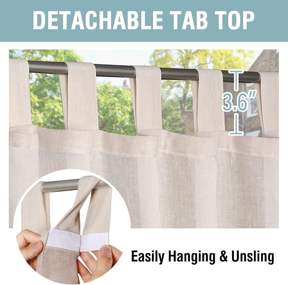 H.VERSAILTEX Outdoor Linen Sheer Curtains for Patio Waterproof - Outdoor Divider Privacy Added Light Filtering Porch Decor with Detachable Self-Stick Tab Top for Gazebo, Natural, 2 Pieces, W52 x L108