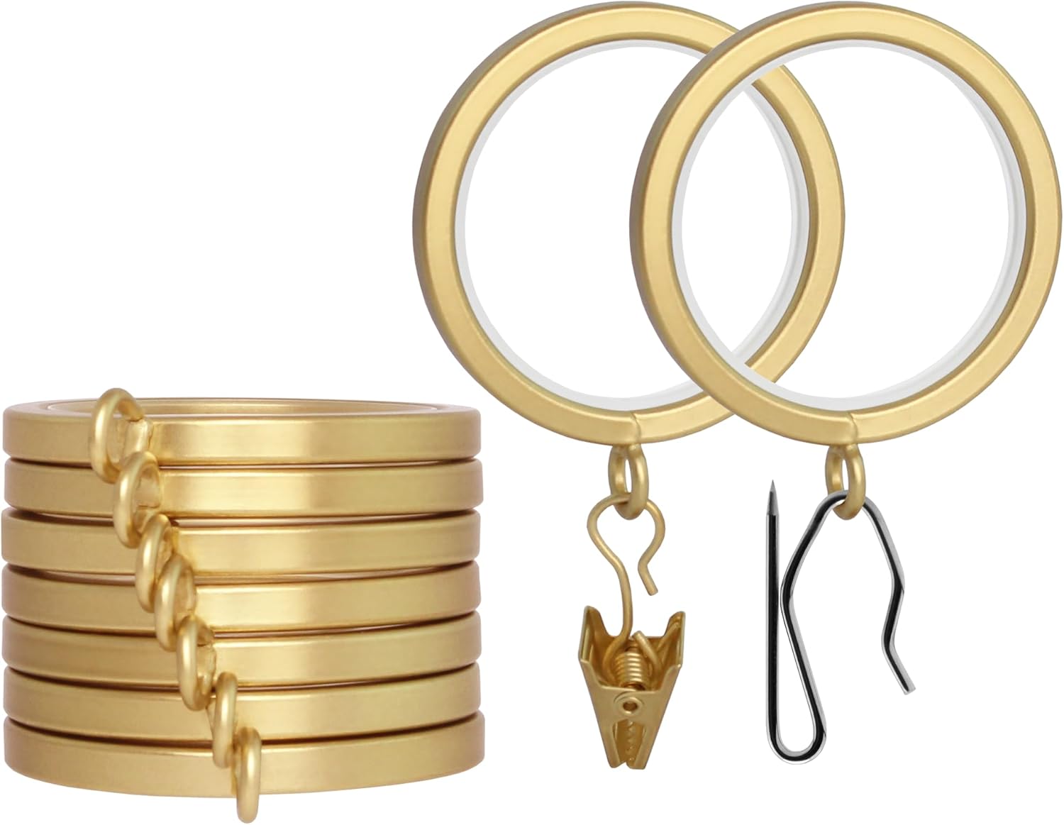 BlastHome® Luxury Curtain Rings - Premium Metal with Quiet, Smooth Nylon Inserts - Pinhooks and Clips Included - 1 1/2" Inside Diameter - 9 Rings for One Standard Curtain - Brushed Gold
