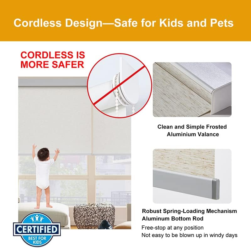 Persilux Free-Stop Cordless Roller Shades Light Filtering Window Shades for Home (Cream 26" W x 72" H) Natural Woven Fabric UV Protection Thermal Insulation Roller Shades for Windows, Doors, Office