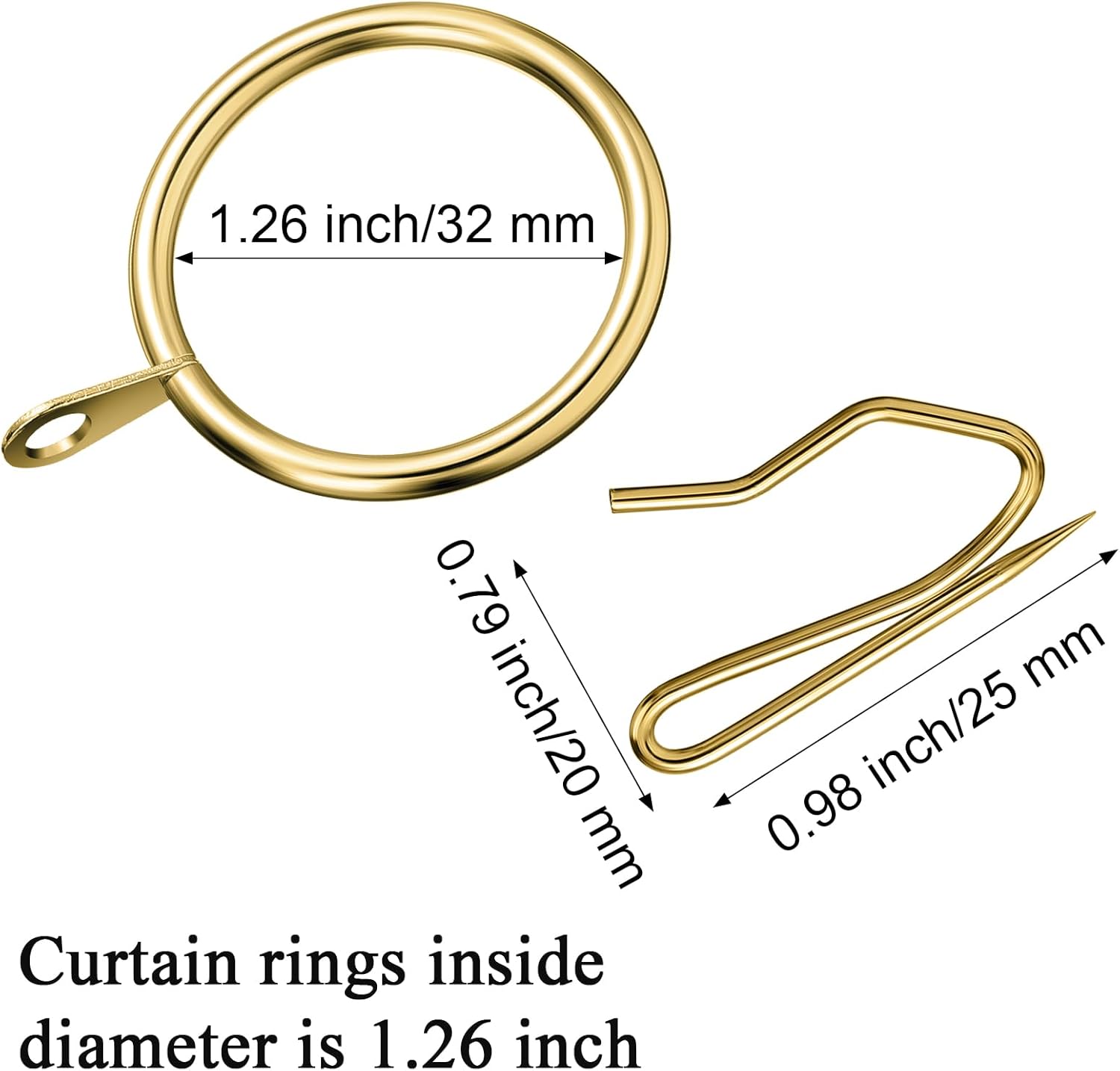 Hotop 60 Pieces 1.26 Inch Metal Drapery Curtain Rings Curtain Hanging Rings and 60 Pieces Metal Drapery Pin Hooks for Drapes Window Door Shower (Gold)