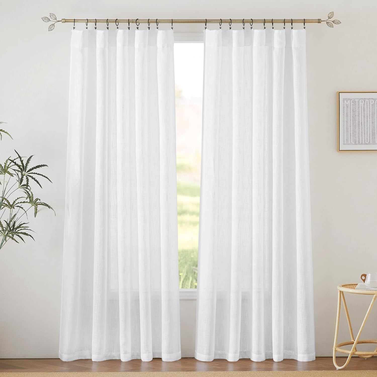 RYB HOME Linen Texture Sheer Curtains 84 inches, Rustic Style Solid Semi Sheer Half Privacy Drapes for Farmhouse Dorm Office Dining, Linen, W 70 x L 84 inches, Set of 2