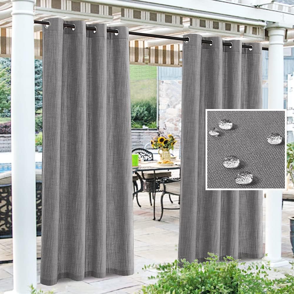 H.VERSAILTEX Outdoor Linen Sheer Curtains for Patio Waterproof - Outdoor Divider Privacy Added Light Filtering Porch Decor with Detachable Self-Stick Tab Top for Gazebo, Natural, 2 Pieces, W52 x L108