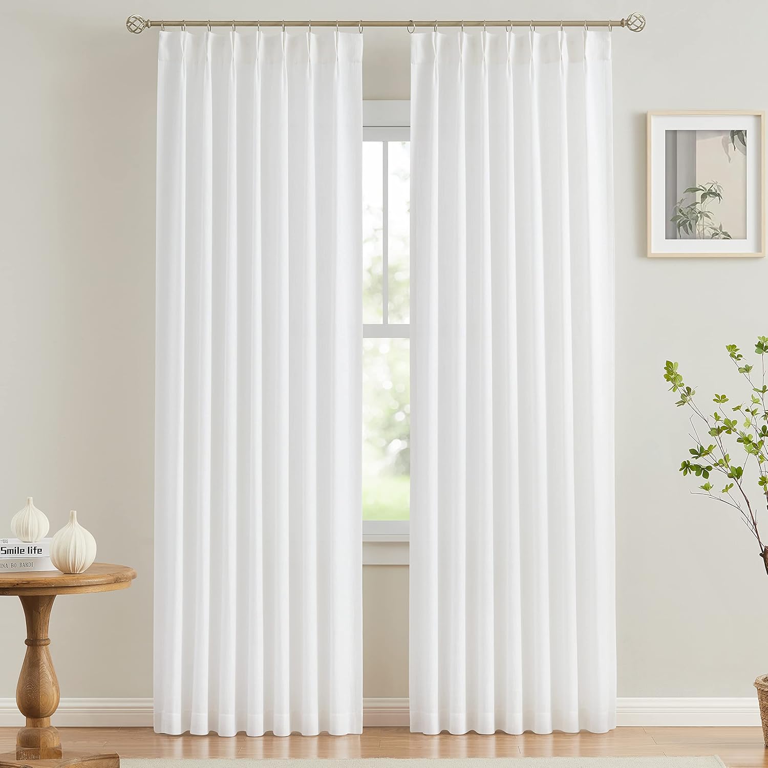 Vision Home Natural Pinch Pleated Semi Sheer Curtains Textured Linen Blended Light Filtering Window Curtains 84 inch for Living Room Bedroom Pinch Pleat Drapes with Hooks 2 Panels 42" Wx84 L