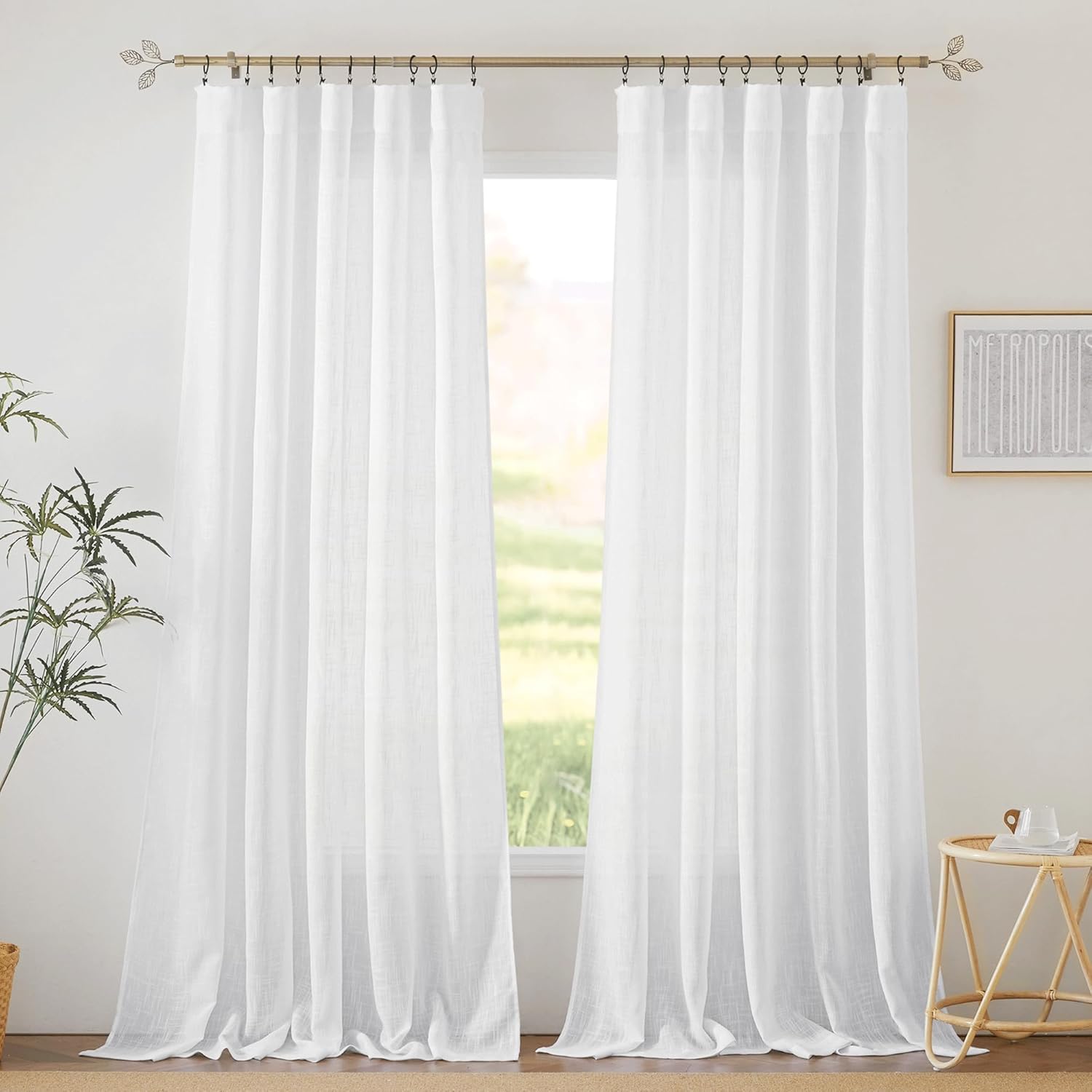 RYB HOME Linen Texture Sheer Curtains 84 inches, Rustic Style Solid Semi Sheer Half Privacy Drapes for Farmhouse Dorm Office Dining, Linen, W 70 x L 84 inches, Set of 2