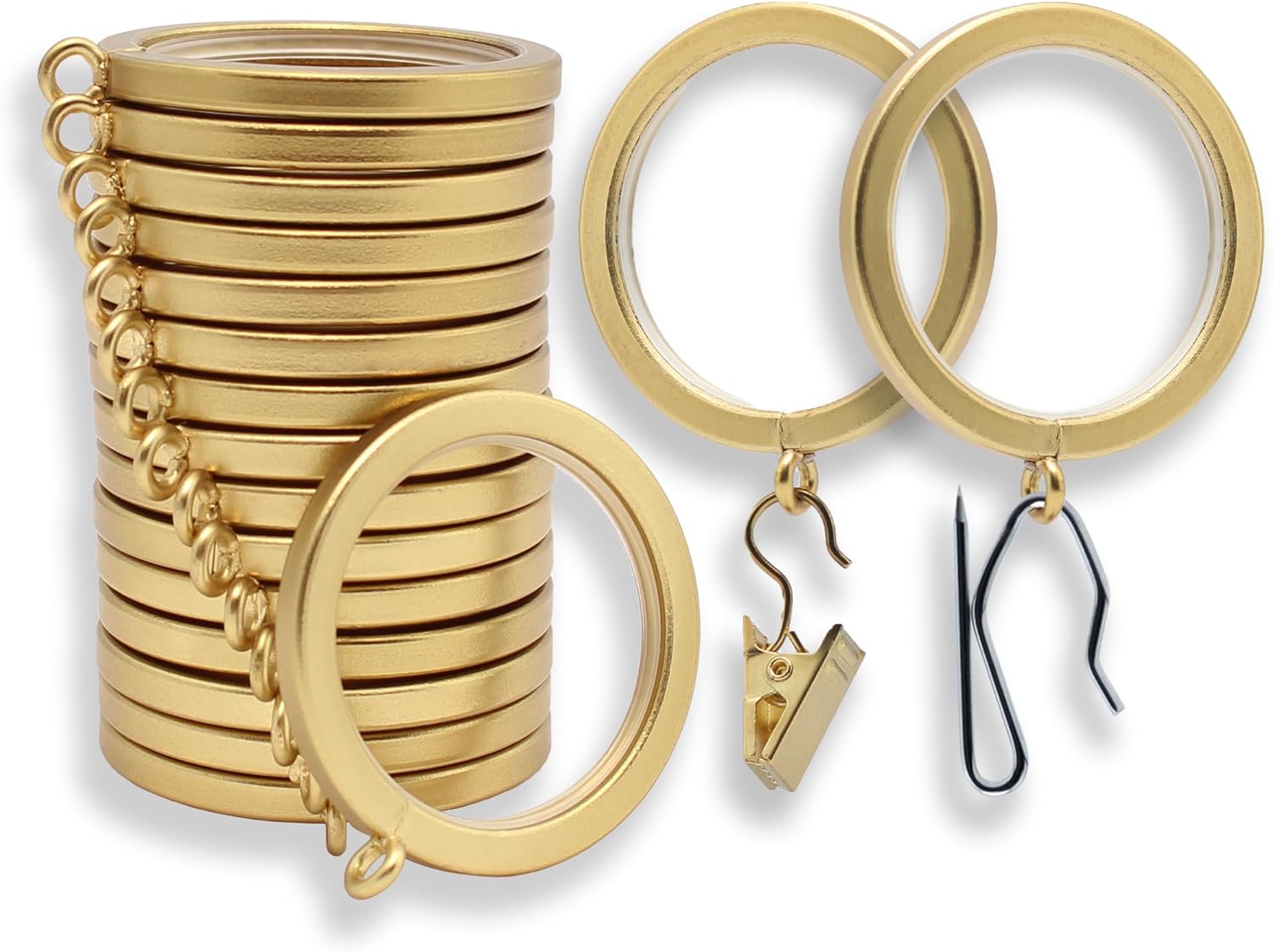 BlastHome® Luxury Curtain Rings - Premium Metal with Quiet, Smooth Nylon Inserts - Pinhooks and Clips Included - 1 1/2" Inside Diameter - 9 Rings for One Standard Curtain - Brushed Gold