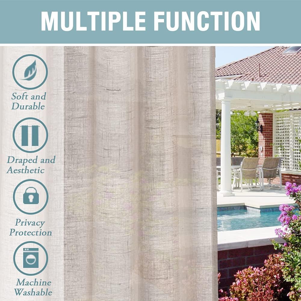 H.VERSAILTEX Outdoor Linen Sheer Curtains for Patio Waterproof - Outdoor Divider Privacy Added Light Filtering Porch Decor with Detachable Self-Stick Tab Top for Gazebo, Natural, 2 Pieces, W52 x L108