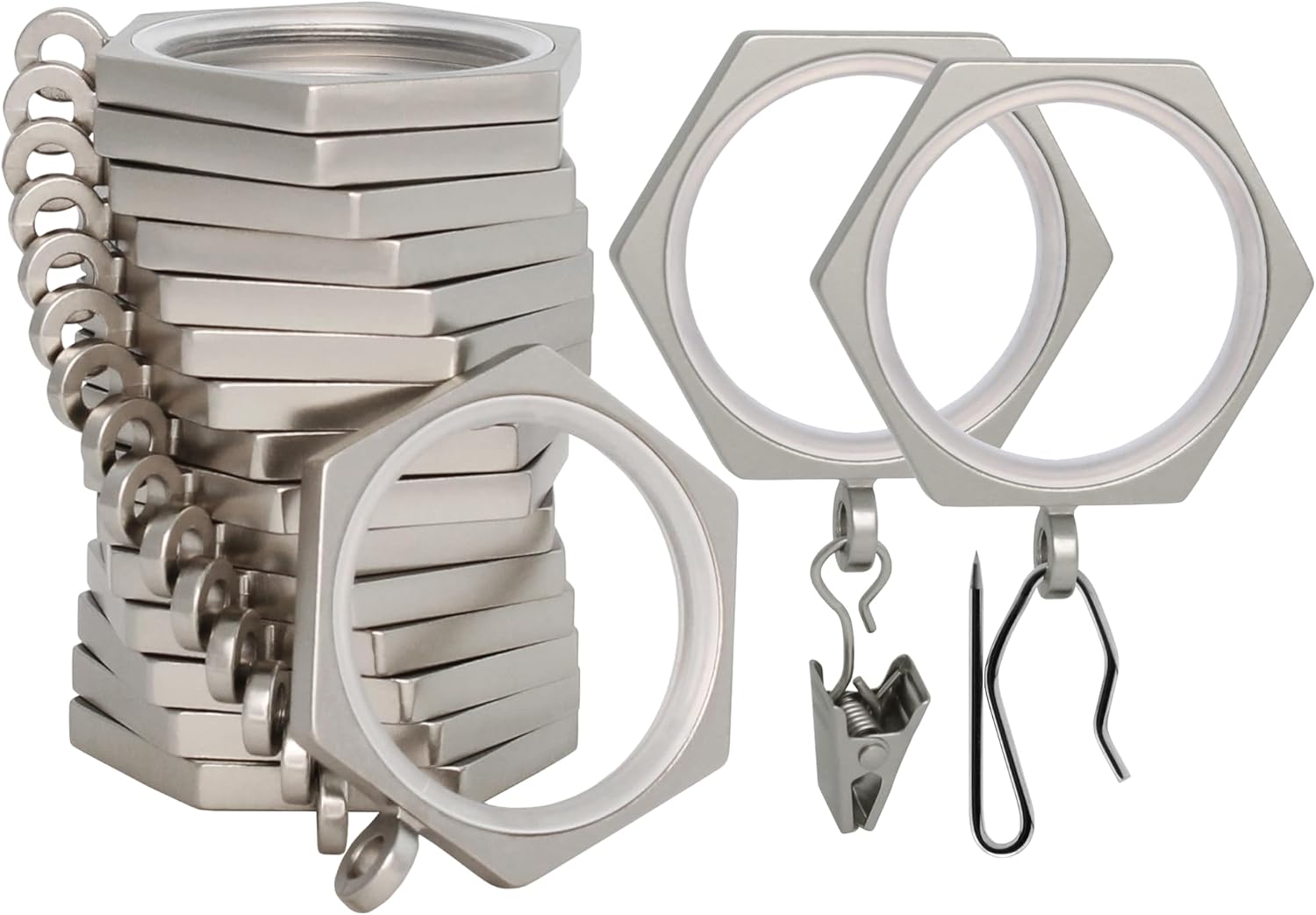 BlastHome® Luxury Curtain Rings – Premium Metal with Quiet, Smooth Nylon Inserts – Pinhooks and Clips Included – 1 1/2" Inside Diameter – 18 Rings for Two Standard Curtains– Brushed Nickel