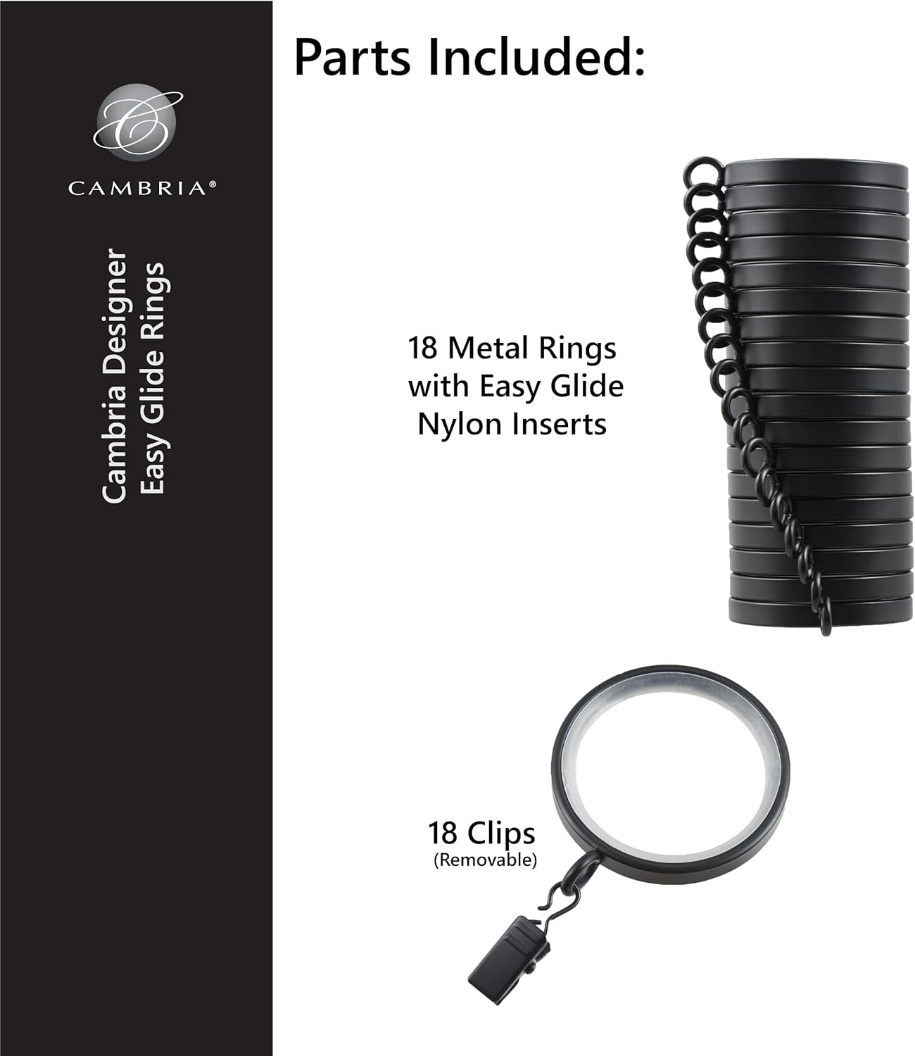 MODE Cambria Designer Series - Premium Easy Glide 18 Count Curtain Rings - Metal with Smooth, Quiet Nylon Inserts with Clips - 2 inch Diameter (1-5/8 inch Inside Diameter) - Brushed Gold