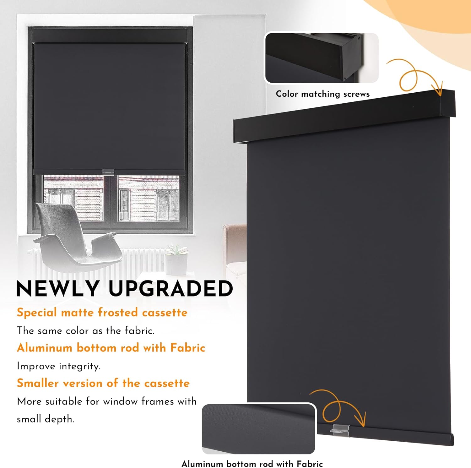 Persilux Cordless Blackout Roller Shades for Windows, Free-Stop With Valance, Thermal Insulated Fabric Blinds, UV Protection for Home and Bedroom (Black, 15" W x 64" H)