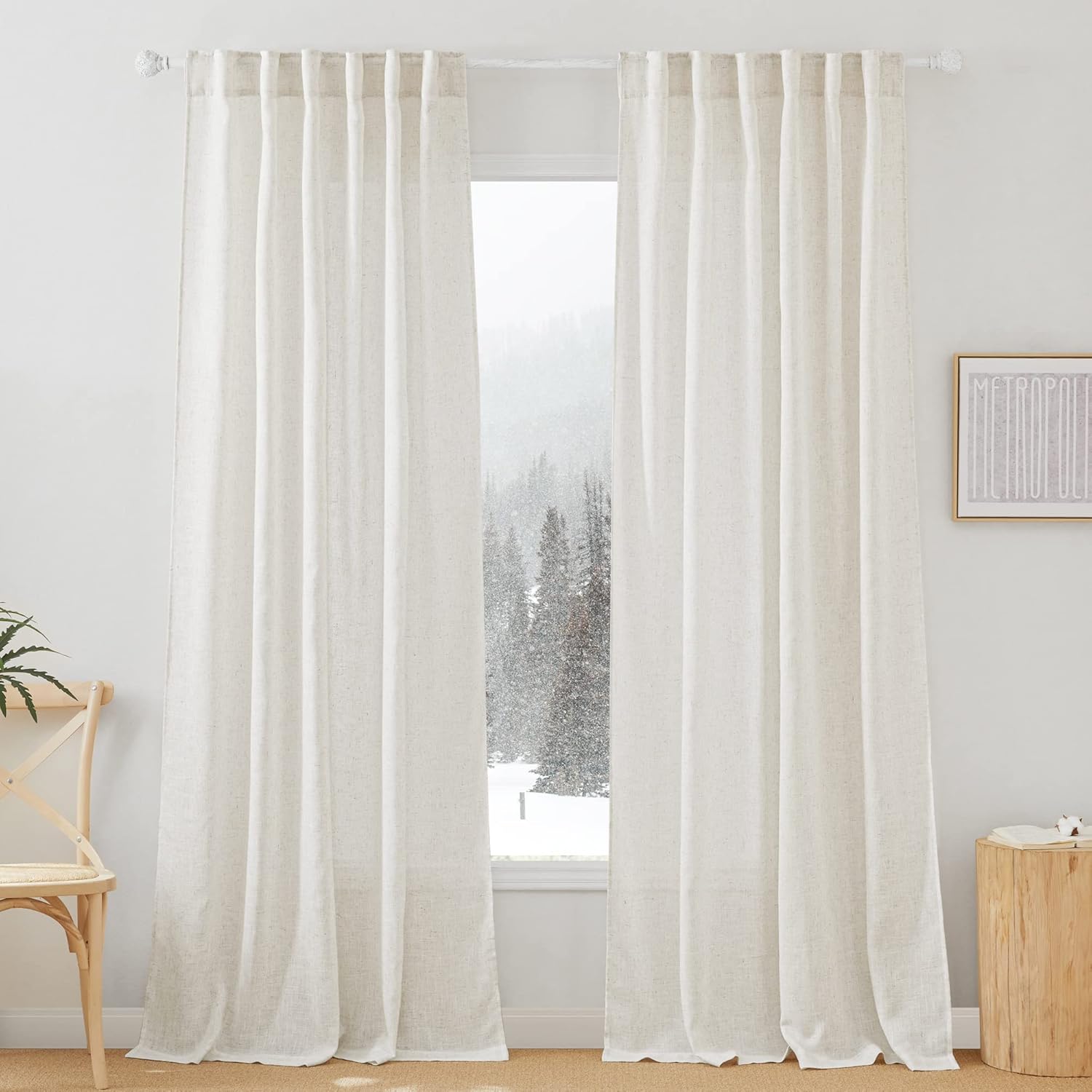 RYB HOME Linen Texture Sheer Curtains 84 inches, Rustic Style Solid Semi Sheer Half Privacy Drapes for Farmhouse Dorm Office Dining, Linen, W 70 x L 84 inches, Set of 2