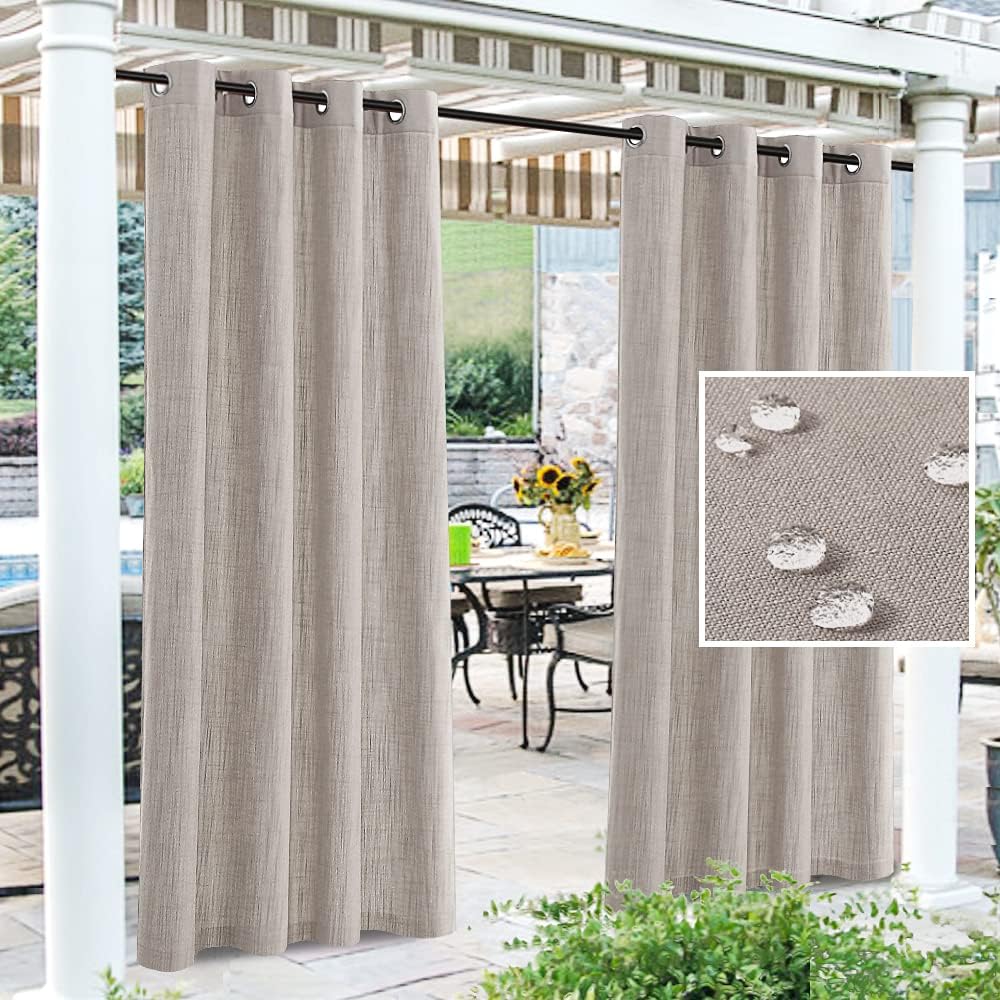 H.VERSAILTEX Outdoor Linen Sheer Curtains for Patio Waterproof - Outdoor Divider Privacy Added Light Filtering Porch Decor with Detachable Self-Stick Tab Top for Gazebo, Natural, 2 Pieces, W52 x L108