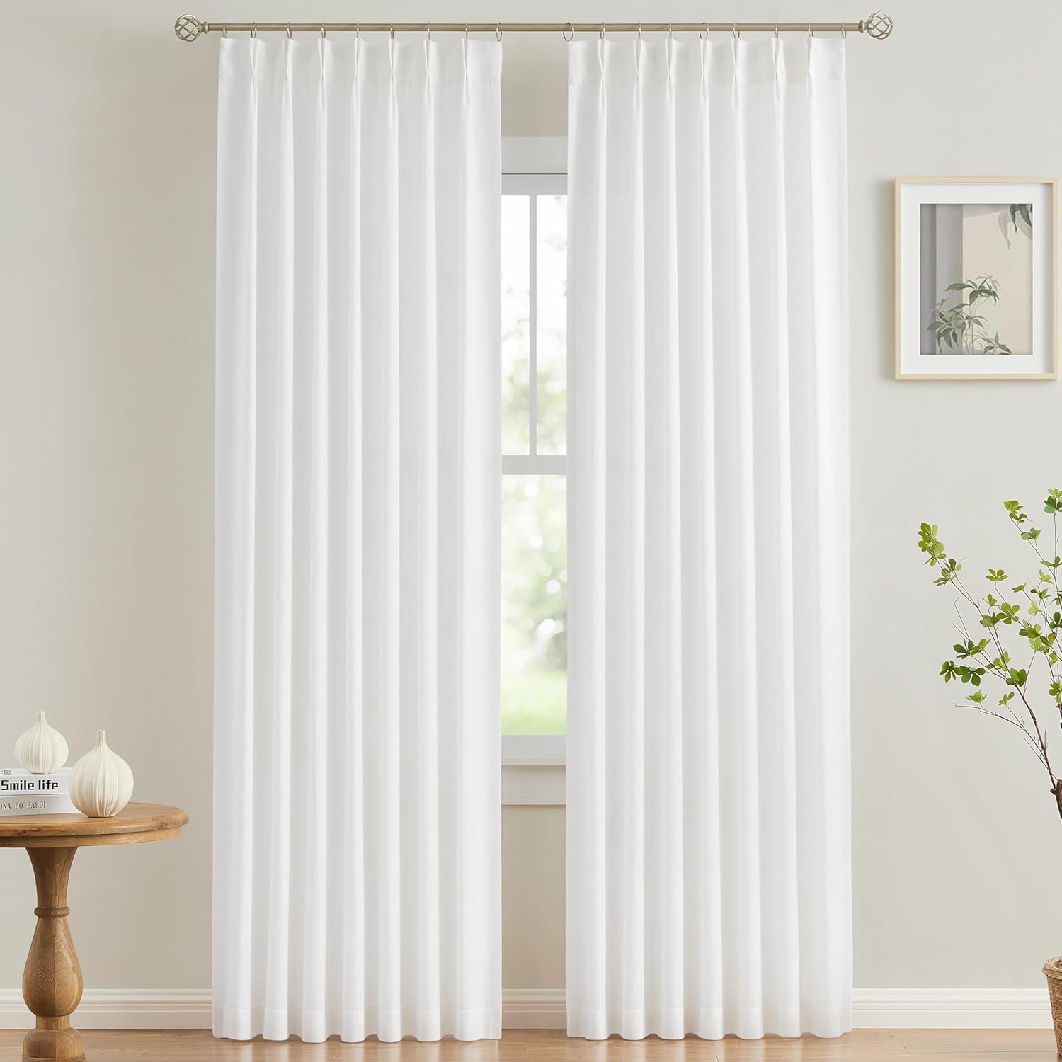 Vision Home Natural Pinch Pleated Semi Sheer Curtains Textured Linen Blended Light Filtering Window Curtains 84 inch for Living Room Bedroom Pinch Pleat Drapes with Hooks 2 Panels 42" Wx84 L