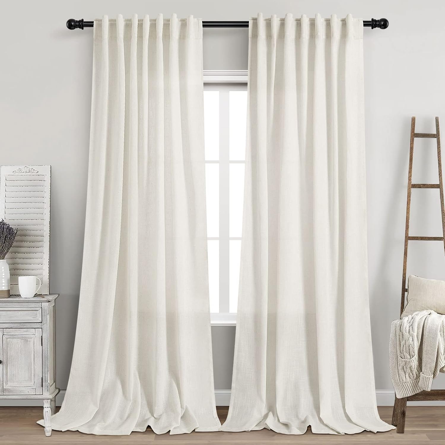 Extra Long Curtains 120 inch Length 2 Panels Back Tab Neutral Farmhouse Drapes Light Filtering Semi Sheer Linen Curtain 120 inches Long for Floor to Ceiling Window Patio Sliding Door Cream 10 FT
