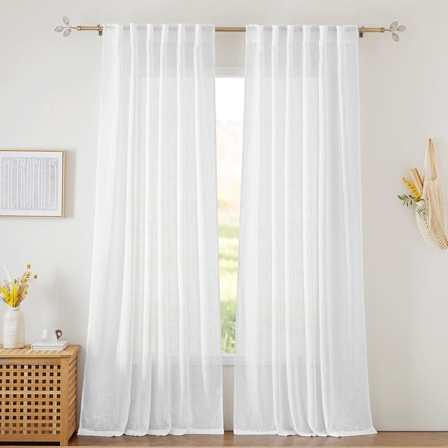 RYB HOME Linen Texture Sheer Curtains 84 inches, Rustic Style Solid Semi Sheer Half Privacy Drapes for Farmhouse Dorm Office Dining, Linen, W 70 x L 84 inches, Set of 2