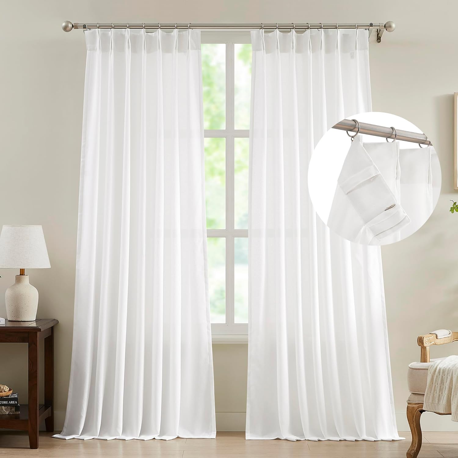 FMFUNCTEX Linen Sheer Pinch Pleated Curtains for Living Room, Linen Flax Beige 96 Inches Long Sheer Curtain Panels for Bedroom, Natural Back Tab Window Drapes for Farmhouse, Rod Pocket 2 Panels