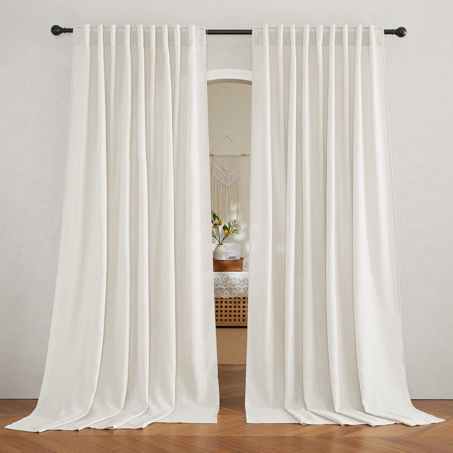 RYB HOME Linen Texture Sheer Curtains 84 inches, Rustic Style Solid Semi Sheer Half Privacy Drapes for Farmhouse Dorm Office Dining, Linen, W 70 x L 84 inches, Set of 2