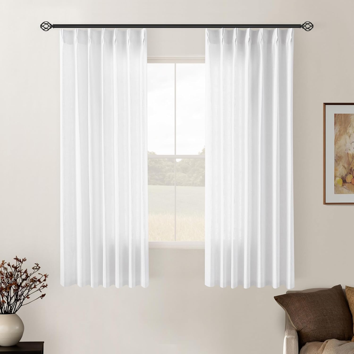 Natural Pinch Pleated Linen Curtains 84 Inch Length 2 Panels for Living Room Bedroom Textured Cream Ivory Birch Semi Sheer Boho Neutral Back Tab Pinch Pleat Hooks Rings Window Curtain 84 Inches Long