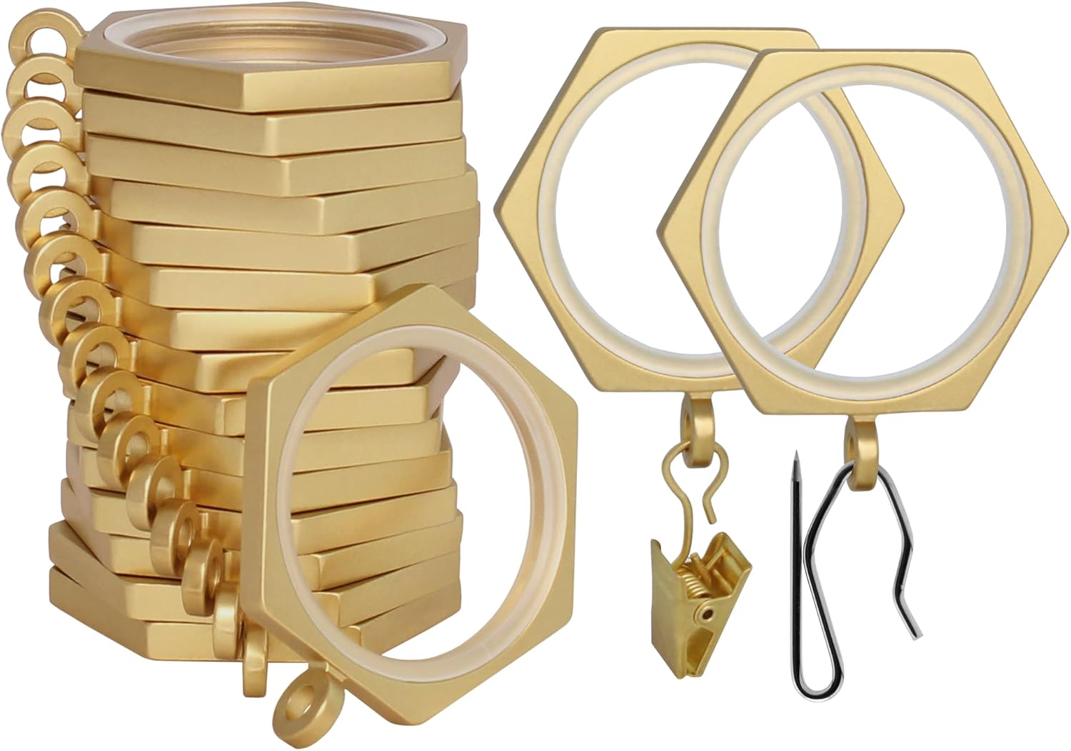 BlastHome® Luxury Curtain Rings - Premium Metal with Quiet, Smooth Nylon Inserts - Pinhooks and Clips Included - 1 1/2" Inside Diameter - 9 Rings for One Standard Curtain - Brushed Gold