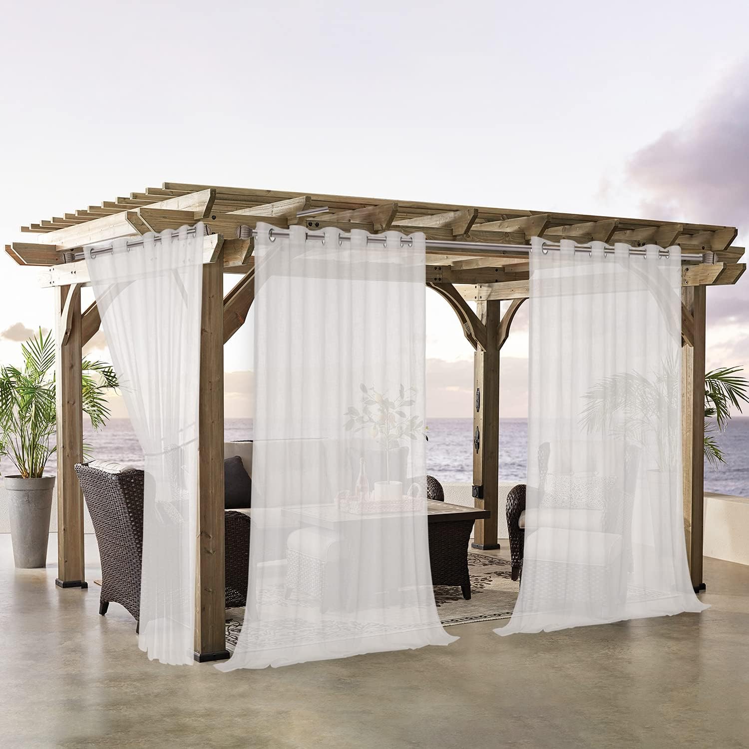 LORDTEX Burlap Linen Look Outdoor Curtains for Patio - 2 Panels Waterproof Sheer Curtains for Pergola, Porch, Cabana and Gazebo Grommet Indoor/Outdoor Voile Sheer Drapes (100 x 120 inch, Ivory)