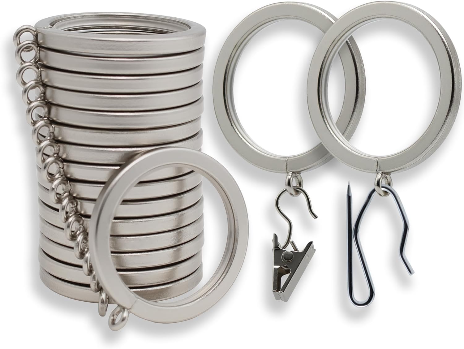 BlastHome® Luxury Curtain Rings – Premium Metal with Quiet, Smooth Nylon Inserts – Pinhooks and Clips Included – 1 1/2" Inside Diameter – 18 Rings for Two Standard Curtains– Brushed Nickel