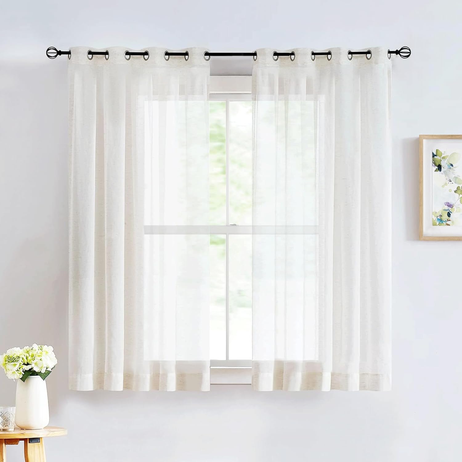 FMFUNCTEX Linen Sheer Pinch Pleated Curtains for Living Room, Linen Flax Beige 96 Inches Long Sheer Curtain Panels for Bedroom, Natural Back Tab Window Drapes for Farmhouse, Rod Pocket 2 Panels