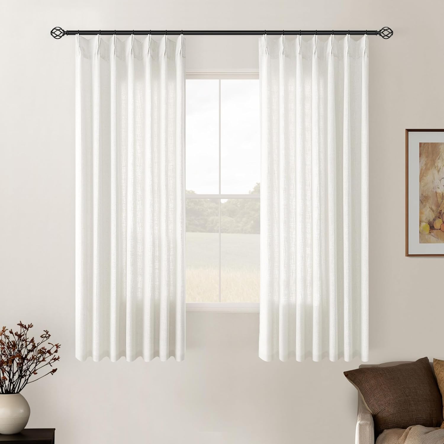 Natural Pinch Pleated Linen Curtains 84 Inch Length 2 Panels for Living Room Bedroom Textured Cream Ivory Birch Semi Sheer Boho Neutral Back Tab Pinch Pleat Hooks Rings Window Curtain 84 Inches Long