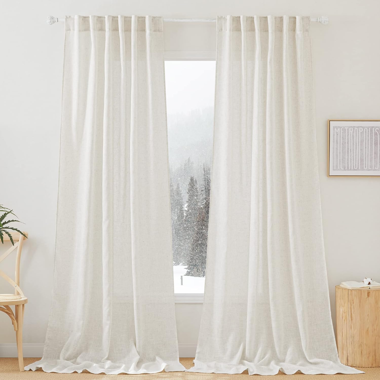 RYB HOME Linen Texture Sheer Curtains 84 inches, Rustic Style Solid Semi Sheer Half Privacy Drapes for Farmhouse Dorm Office Dining, Linen, W 70 x L 84 inches, Set of 2