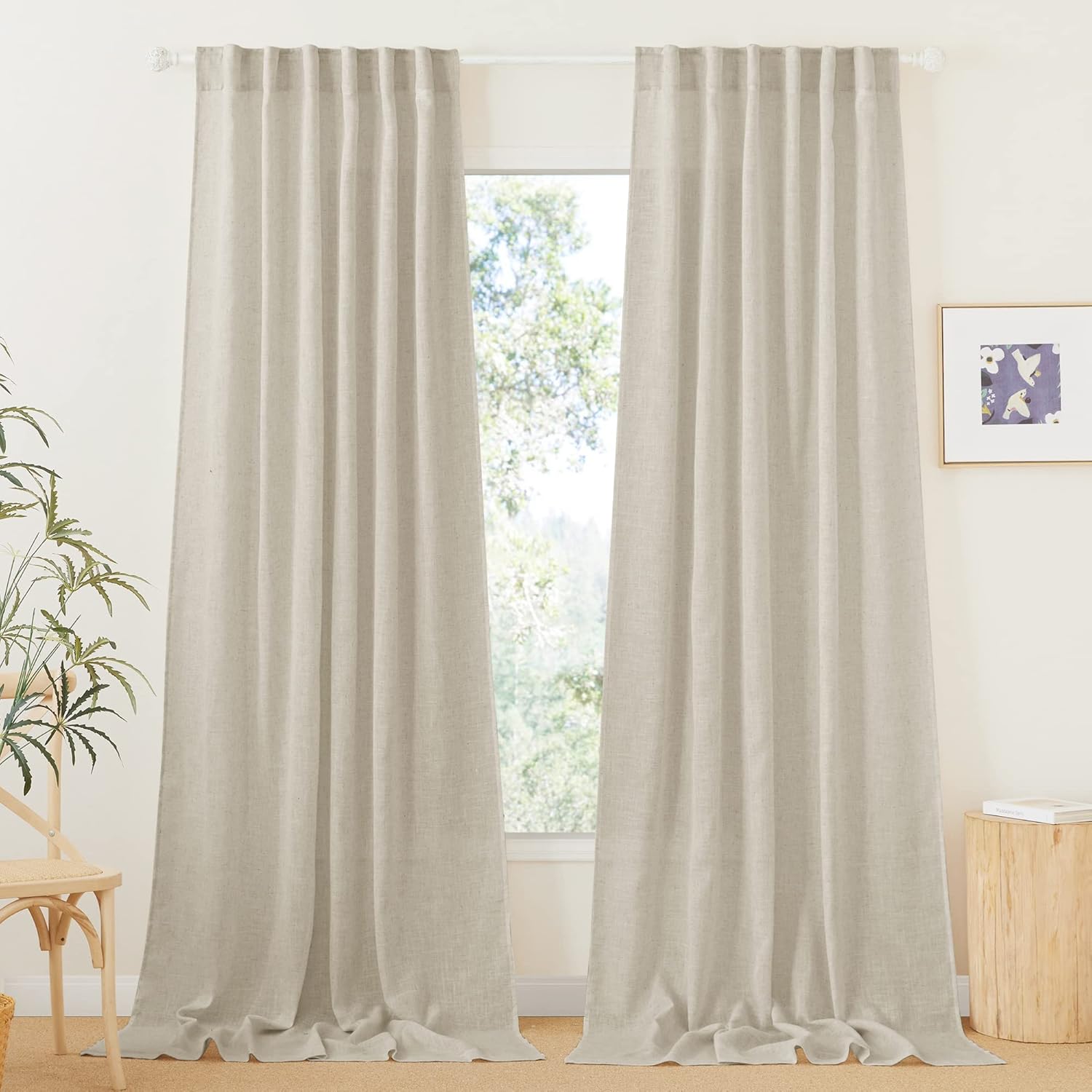 RYB HOME Linen Texture Sheer Curtains 84 inches, Rustic Style Solid Semi Sheer Half Privacy Drapes for Farmhouse Dorm Office Dining, Linen, W 70 x L 84 inches, Set of 2