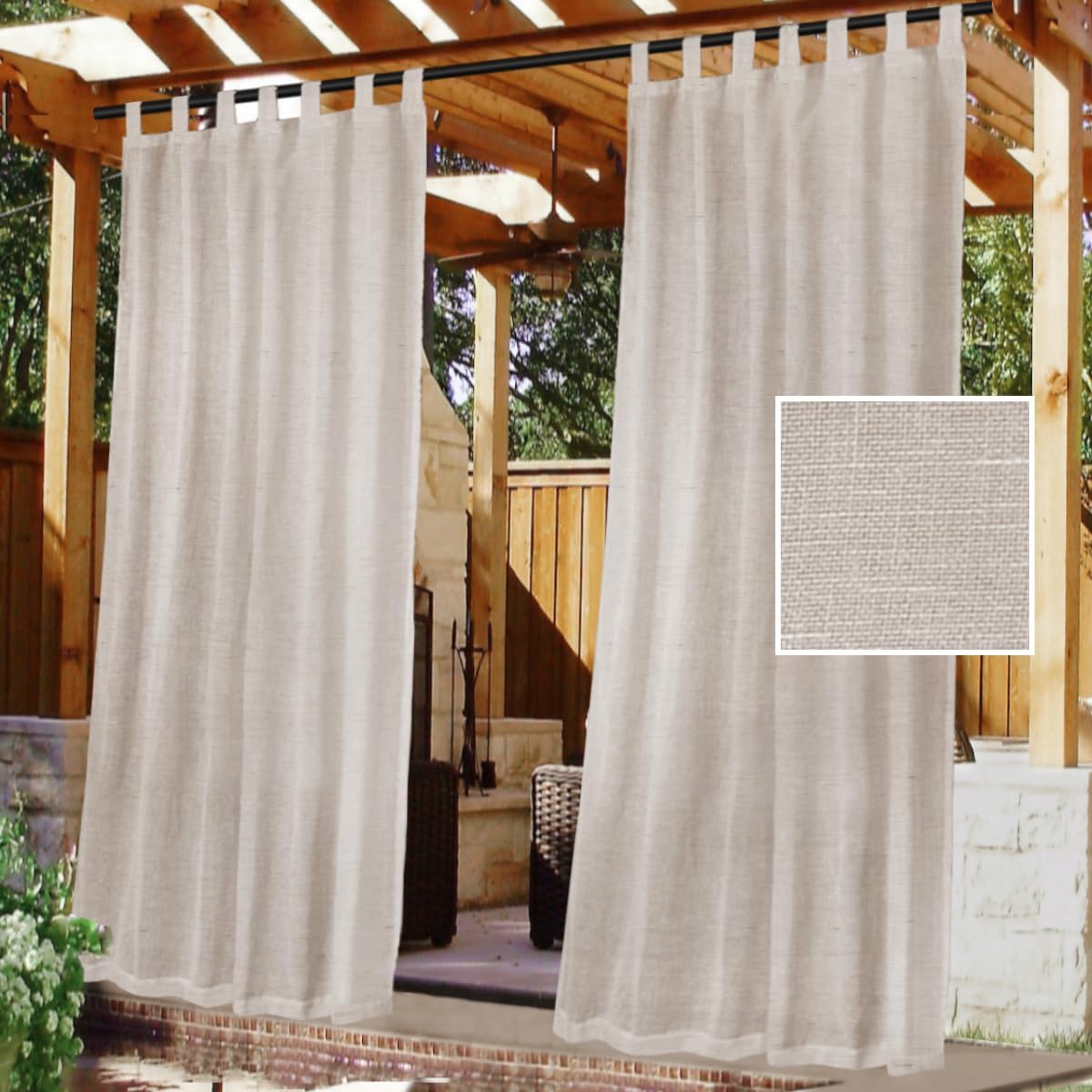 H.VERSAILTEX Outdoor Linen Sheer Curtains for Patio Waterproof - Outdoor Divider Privacy Added Light Filtering Porch Decor with Detachable Self-Stick Tab Top for Gazebo, Natural, 2 Pieces, W52 x L108
