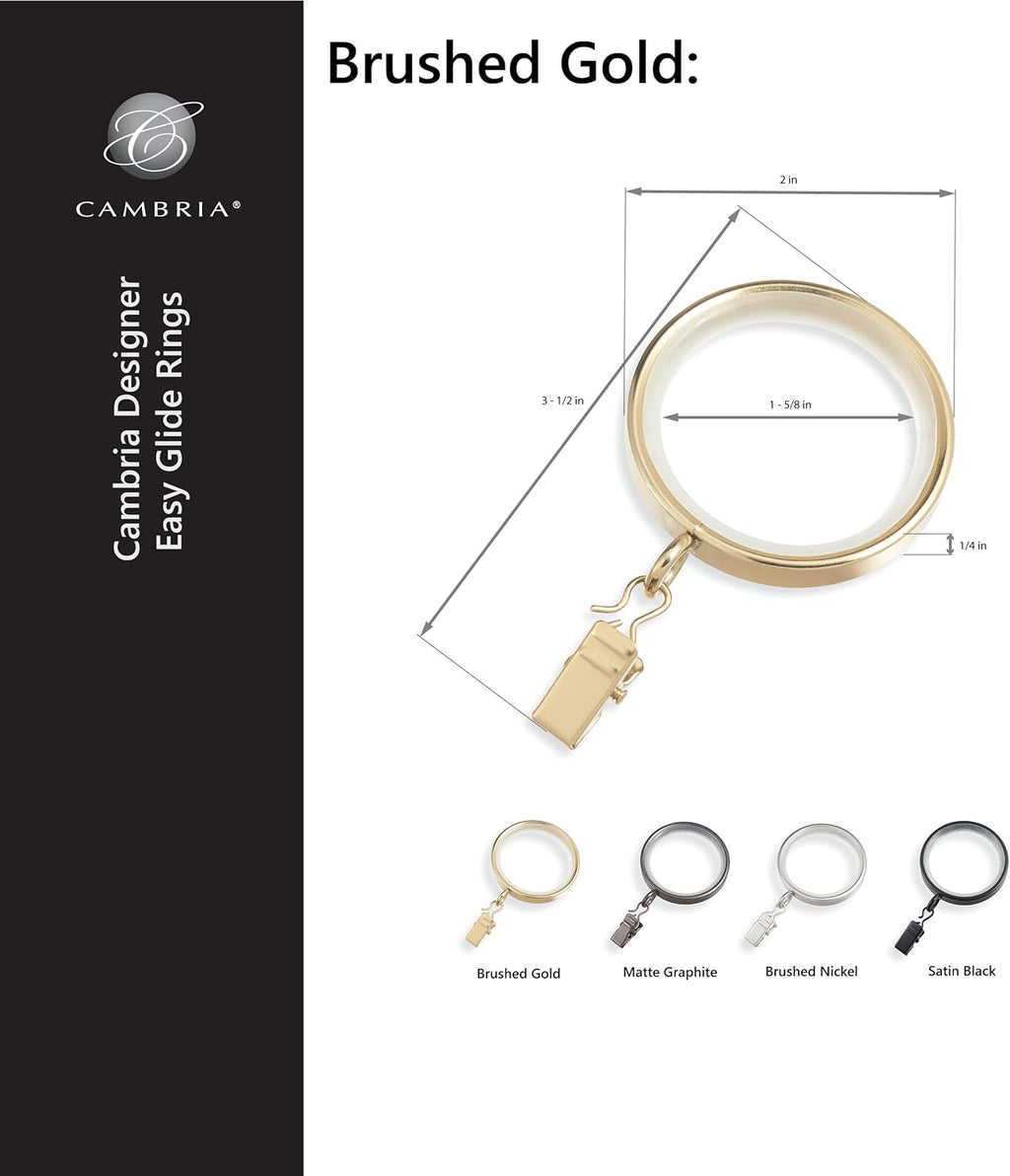 MODE Cambria Designer Series - Premium Easy Glide 18 Count Curtain Rings - Metal with Smooth, Quiet Nylon Inserts with Clips - 2 inch Diameter (1-5/8 inch Inside Diameter) - Brushed Gold