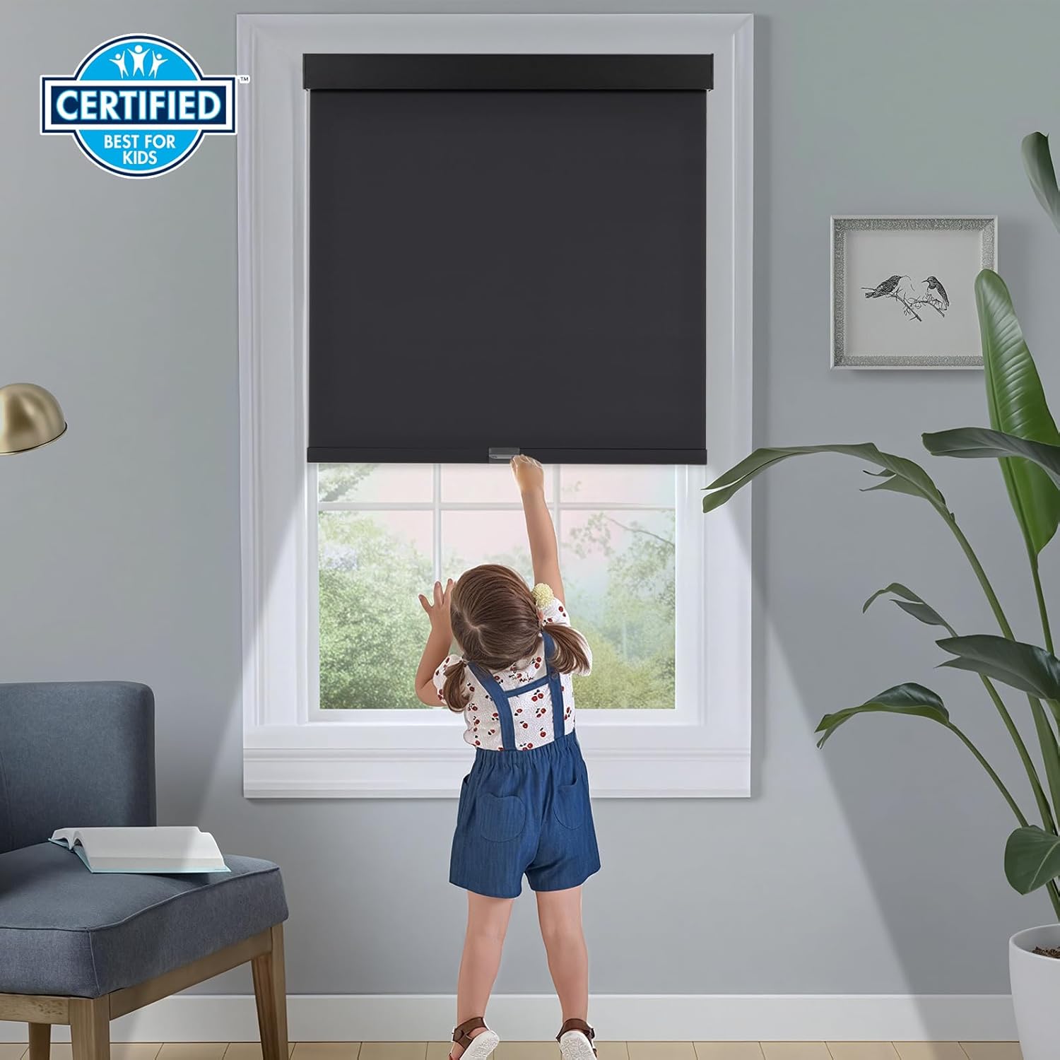 Persilux Cordless Blackout Roller Shades for Windows, Free-Stop With Valance, Thermal Insulated Fabric Blinds, UV Protection for Home and Bedroom (Black, 15" W x 64" H)