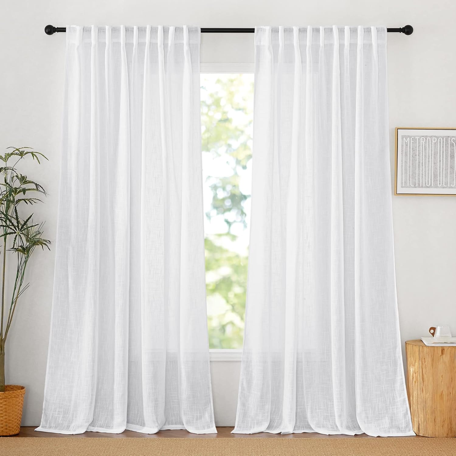 RYB HOME Linen Texture Sheer Curtains 84 inches, Rustic Style Solid Semi Sheer Half Privacy Drapes for Farmhouse Dorm Office Dining, Linen, W 70 x L 84 inches, Set of 2