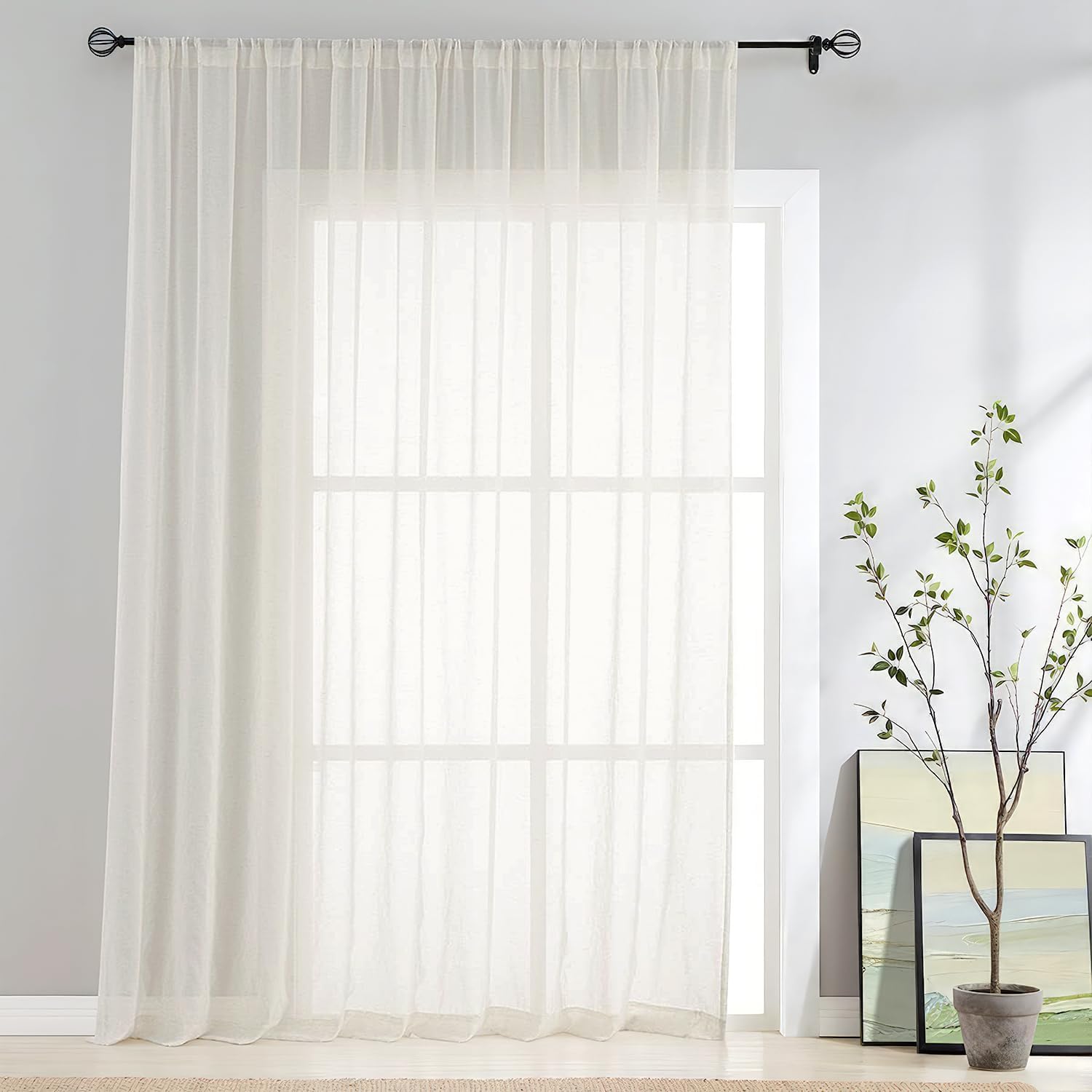 FMFUNCTEX Linen Sheer Pinch Pleated Curtains for Living Room, Linen Flax Beige 96 Inches Long Sheer Curtain Panels for Bedroom, Natural Back Tab Window Drapes for Farmhouse, Rod Pocket 2 Panels