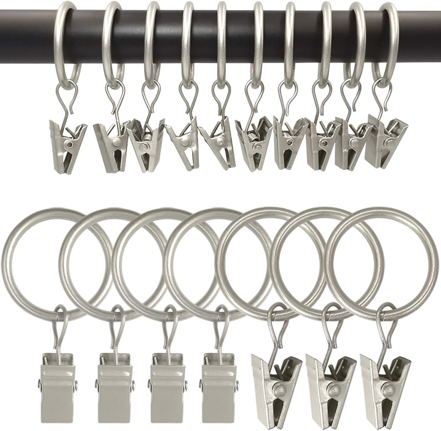 100 Pack Metal Curtain Rings with Clips, Drapery Clips Hooks, Decorative Curtain Rod Clips 1.5 in Interior Diameter, Matte Silver