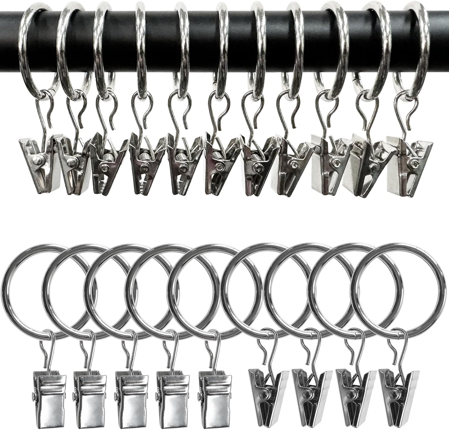 100 Pack Metal Curtain Rings with Clips, Drapery Clips Hooks, Decorative Curtain Rod Clips 1.5 in Interior Diameter, Matte Silver