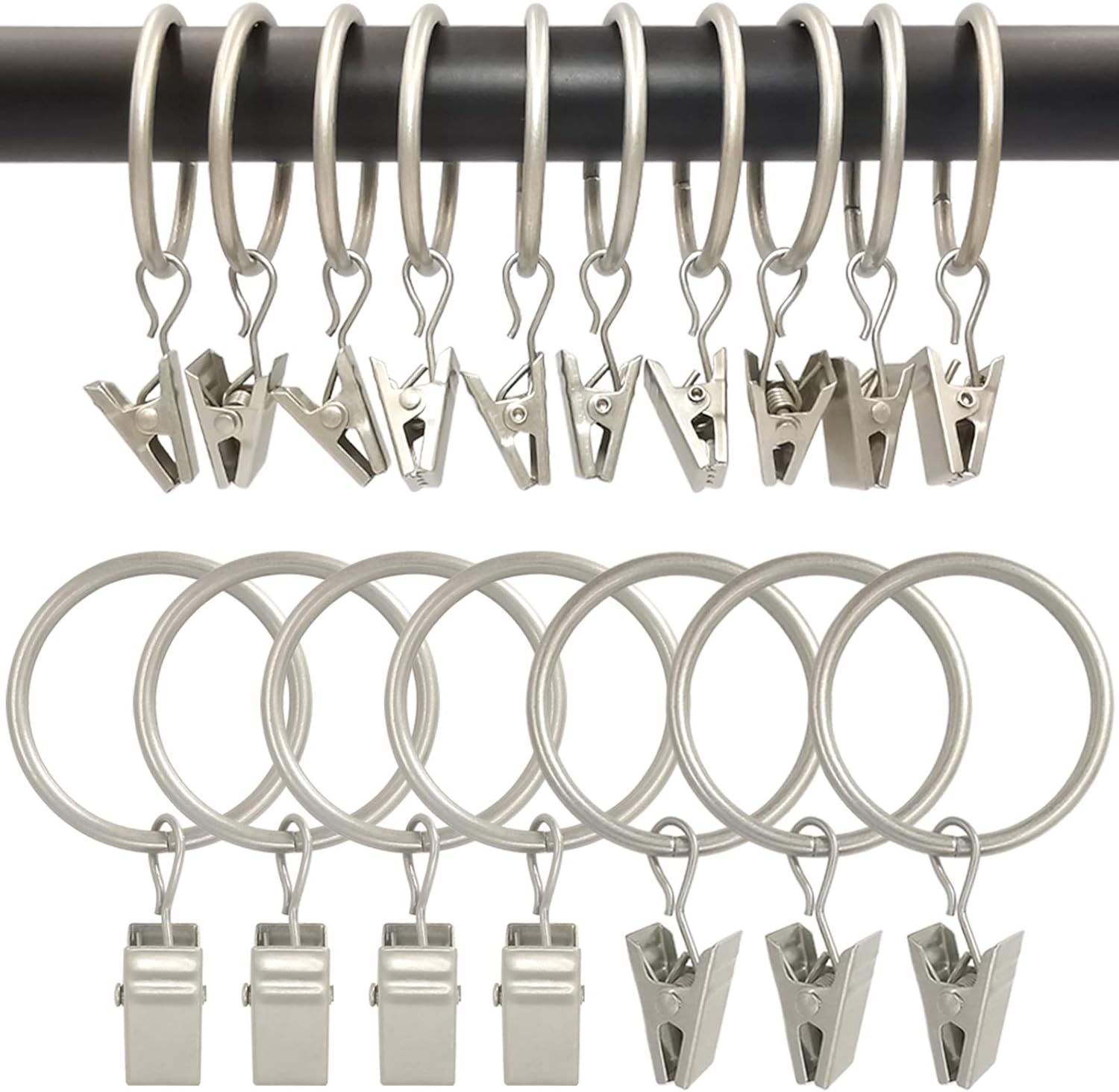 100 Pack Metal Curtain Rings with Clips, Drapery Clips Hooks, Decorative Curtain Rod Clips 1.5 in Interior Diameter, Matte Silver