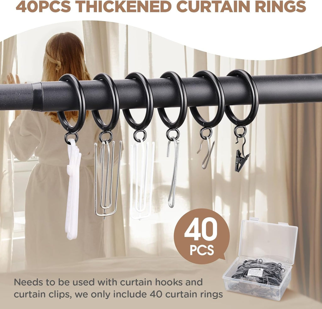 40 PCS Curtain Rings, 1.5 Inch Thickened Curtain Rings Metal Drapery Ring for Curtain Rods Black