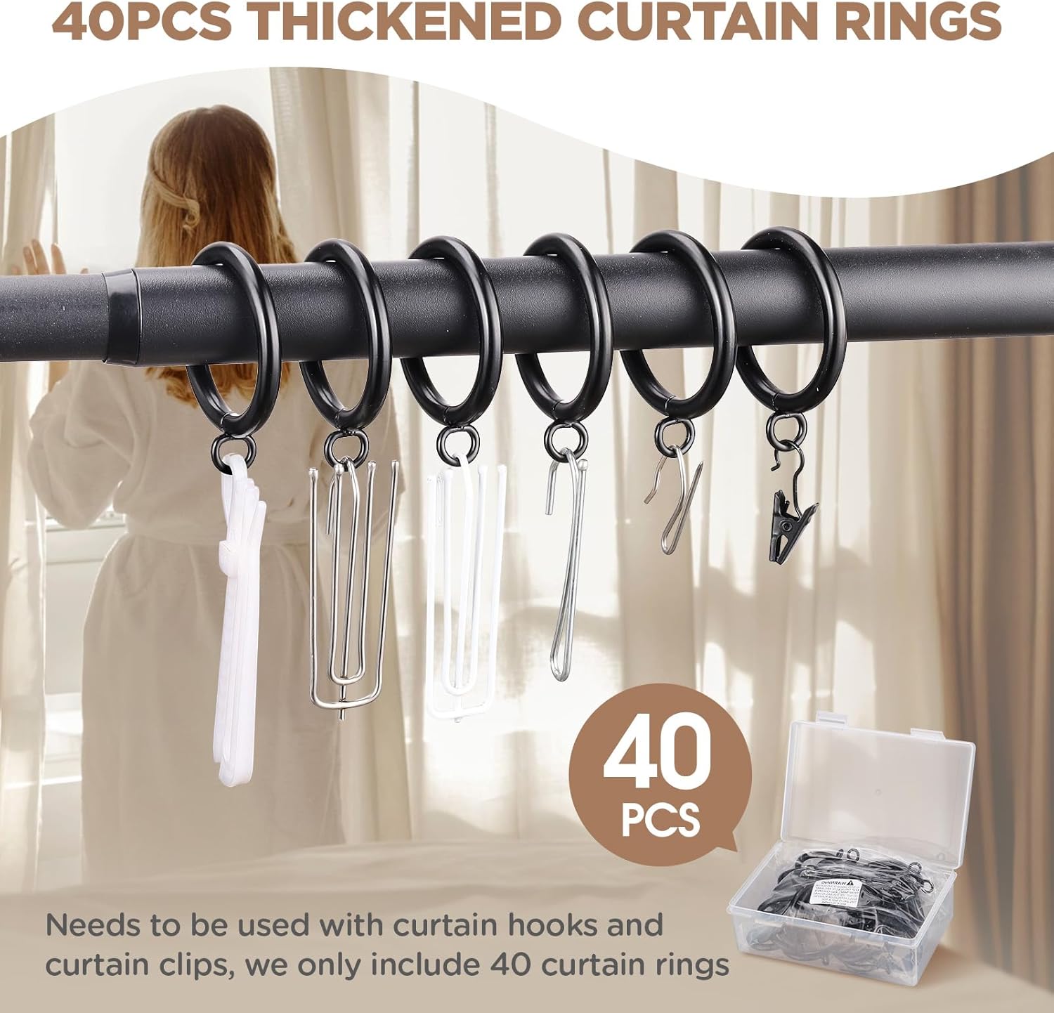 40 PCS Curtain Rings, 1.5 Inch Thickened Curtain Rings Metal Drapery Ring for Curtain Rods Black