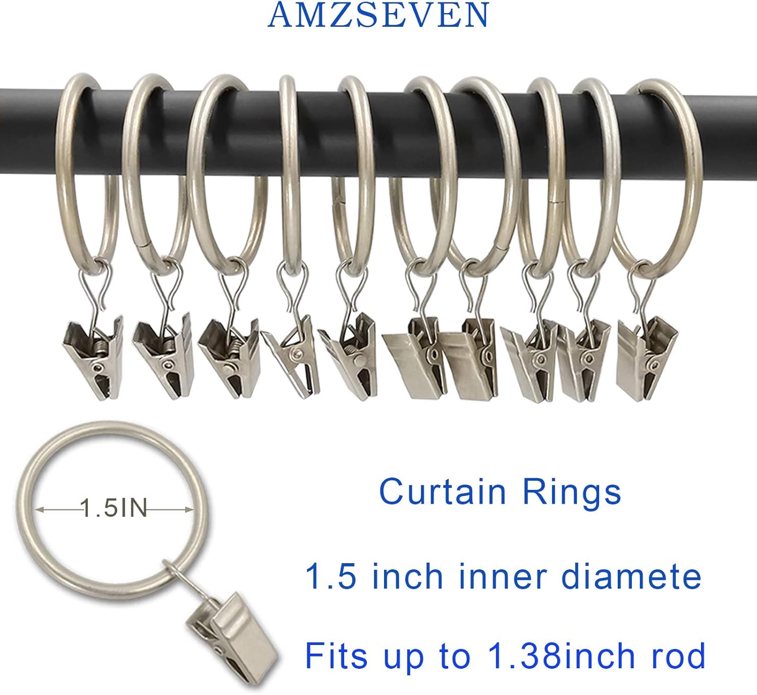 100 Pack Metal Curtain Rings with Clips, Drapery Clips Hooks, Decorative Curtain Rod Clips 1.5 in Interior Diameter, Matte Silver