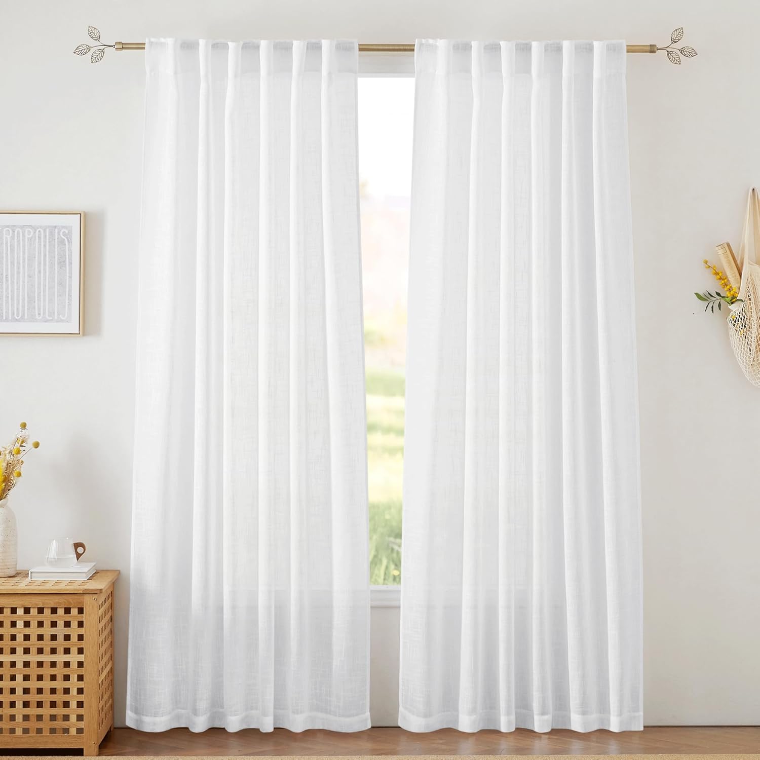 RYB HOME Linen Texture Sheer Curtains 84 inches, Rustic Style Solid Semi Sheer Half Privacy Drapes for Farmhouse Dorm Office Dining, Linen, W 70 x L 84 inches, Set of 2