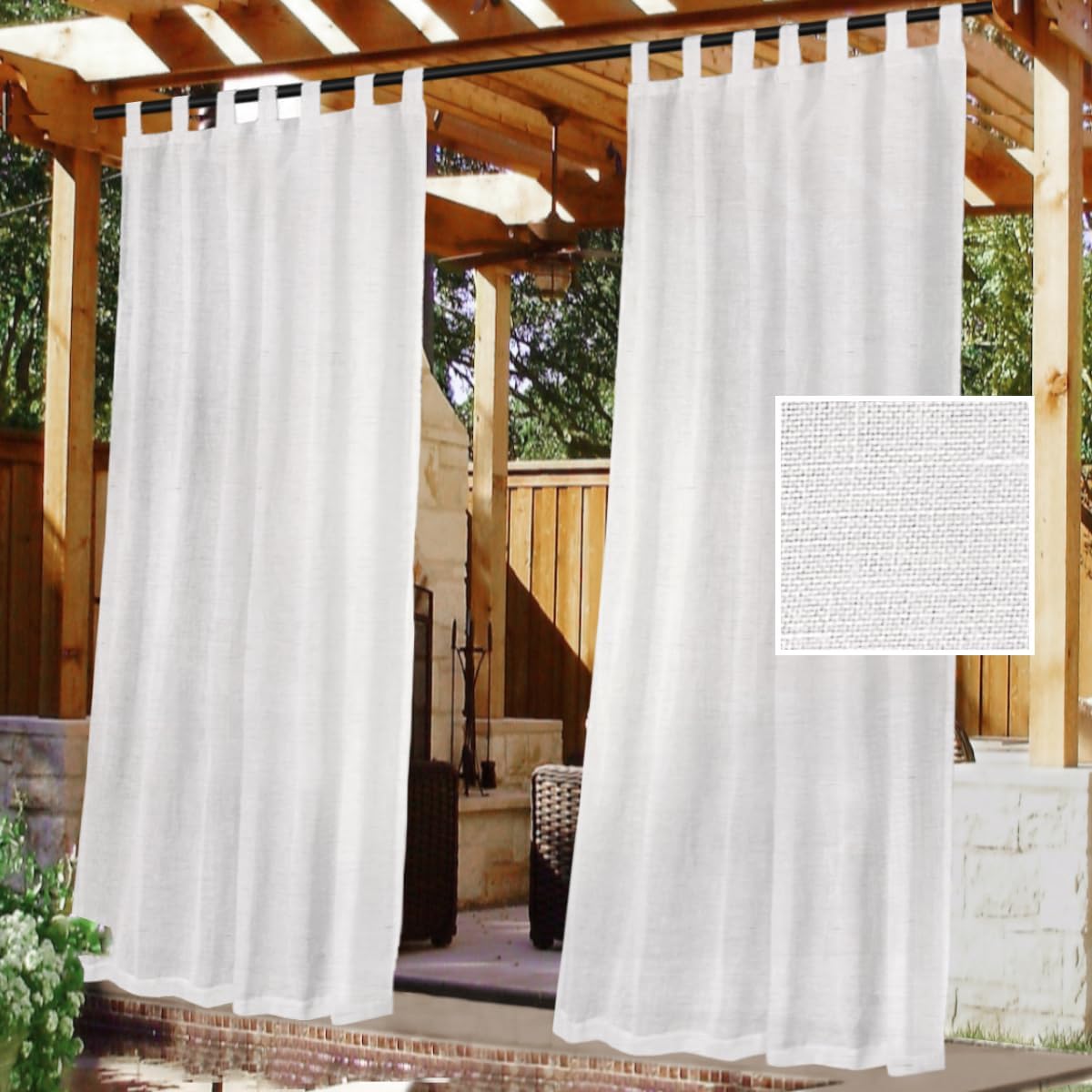 H.VERSAILTEX Outdoor Linen Sheer Curtains for Patio Waterproof - Outdoor Divider Privacy Added Light Filtering Porch Decor with Detachable Self-Stick Tab Top for Gazebo, Natural, 2 Pieces, W52 x L108